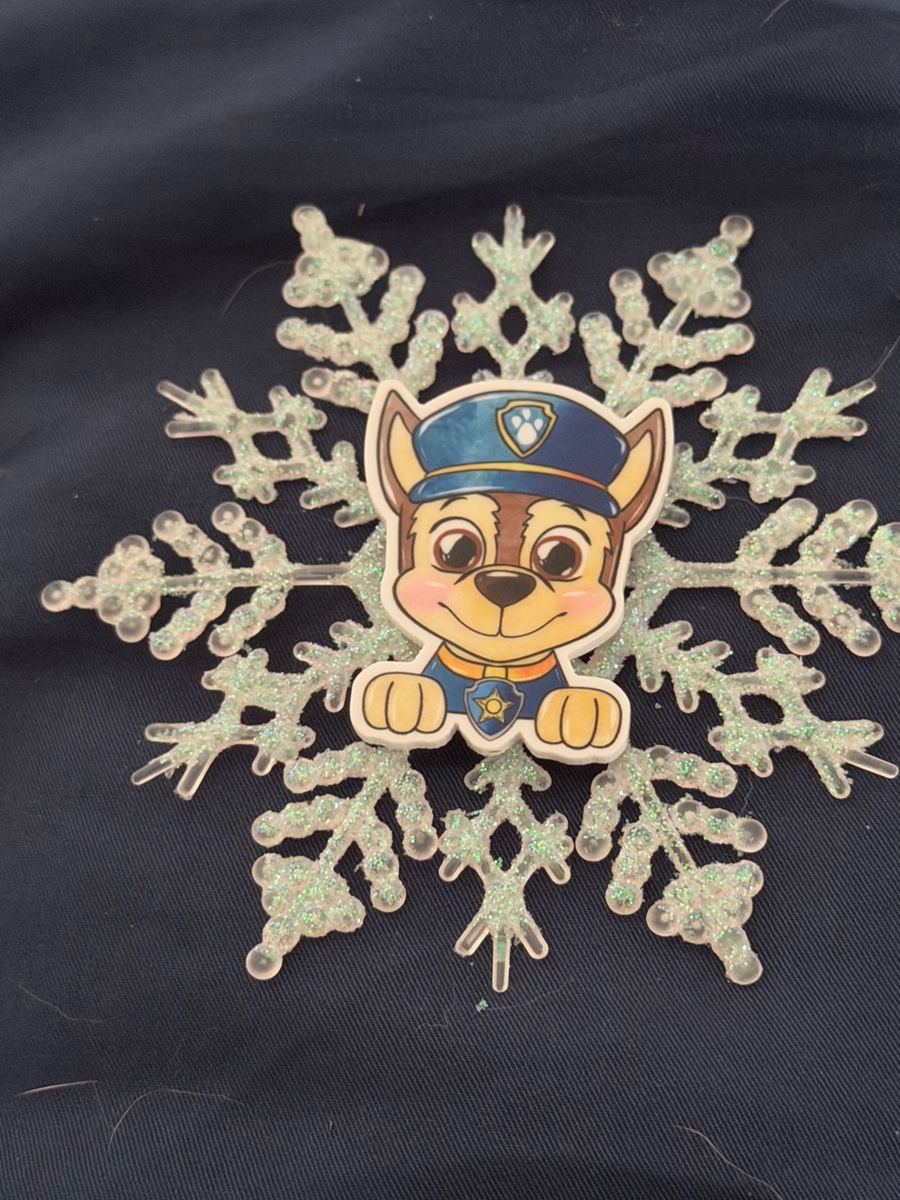 Children's Blue and White Snowflake Ornament Featuring Cute Puppy Character